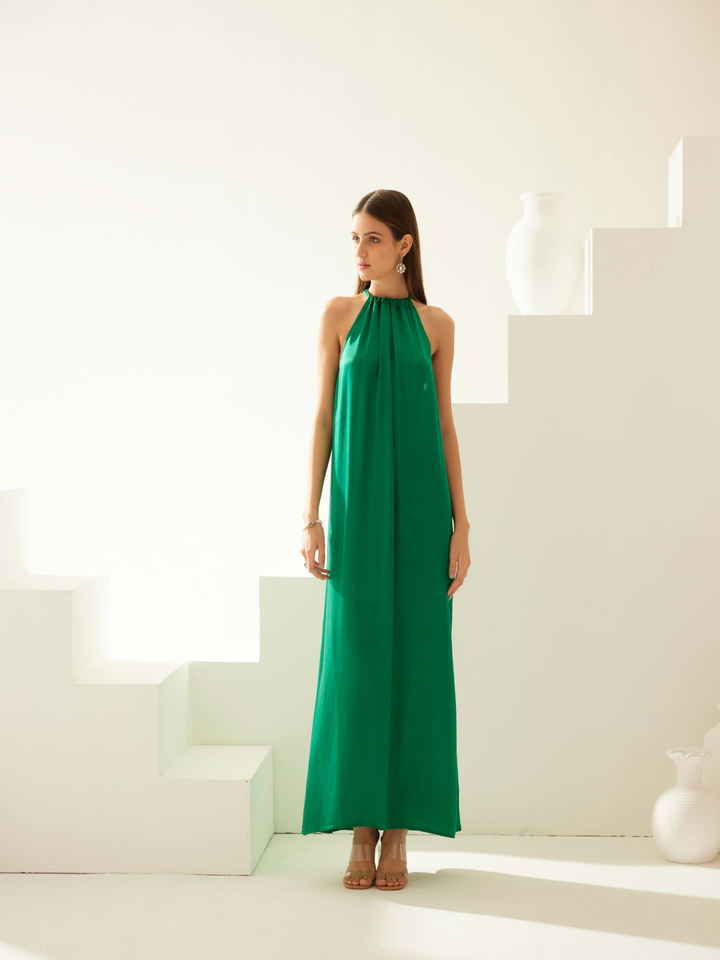 Green halter maxi dress