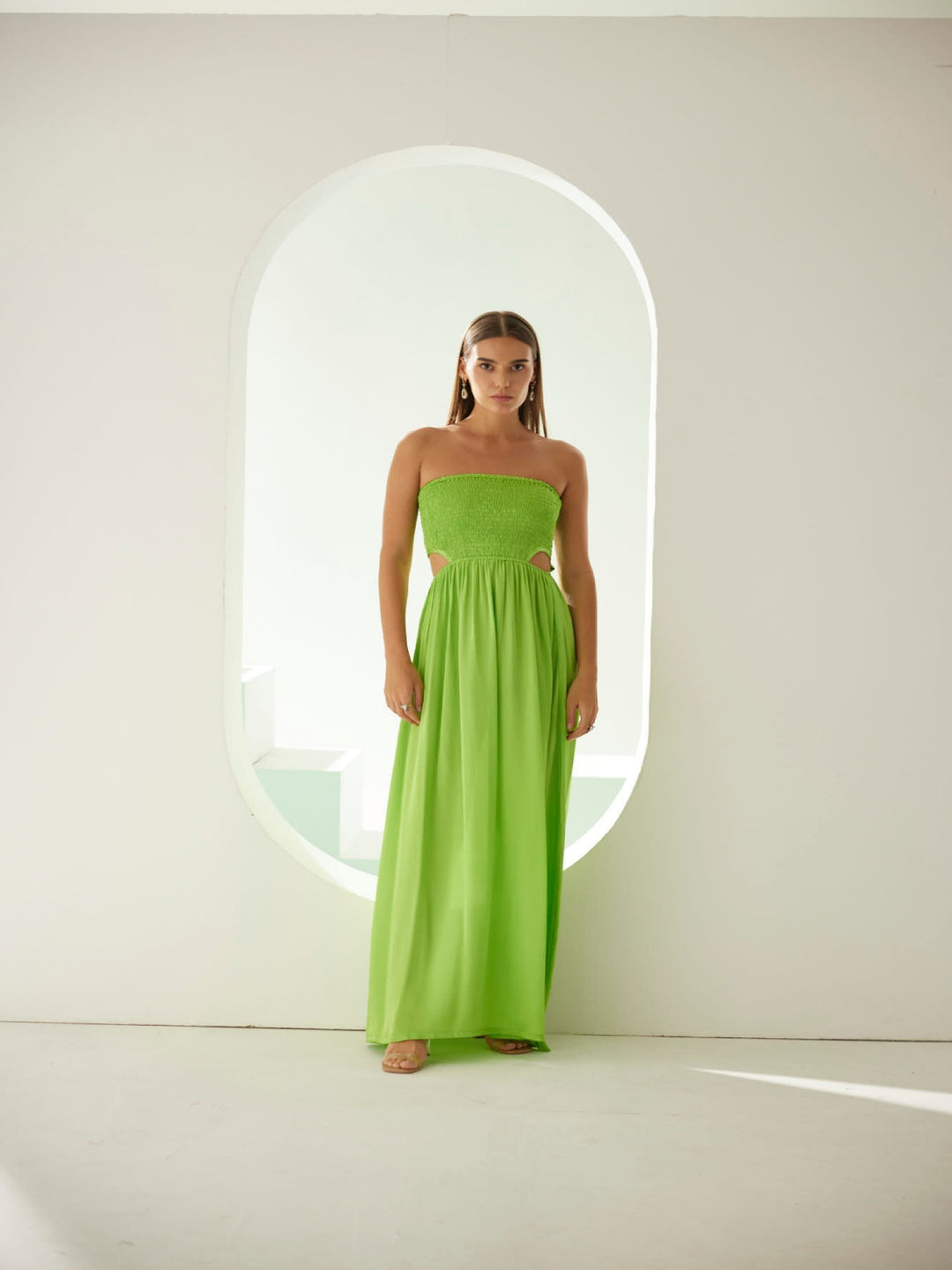 Lime green off-shoulder maxi dress