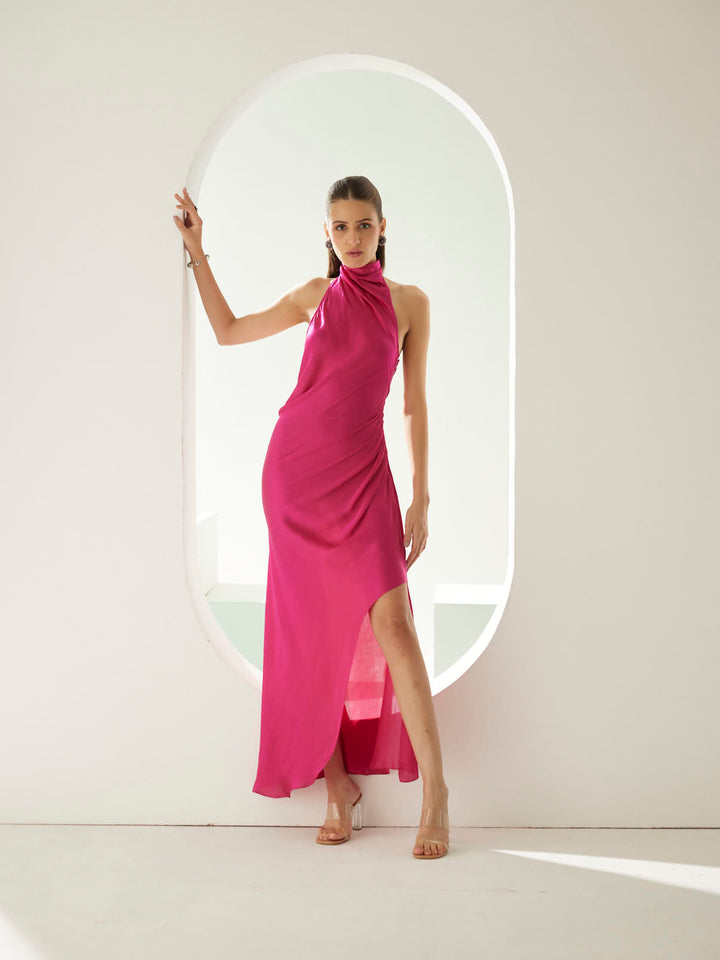 Hot pink halter maxi dress