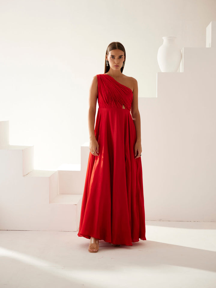 Red one shoulder maxi dress