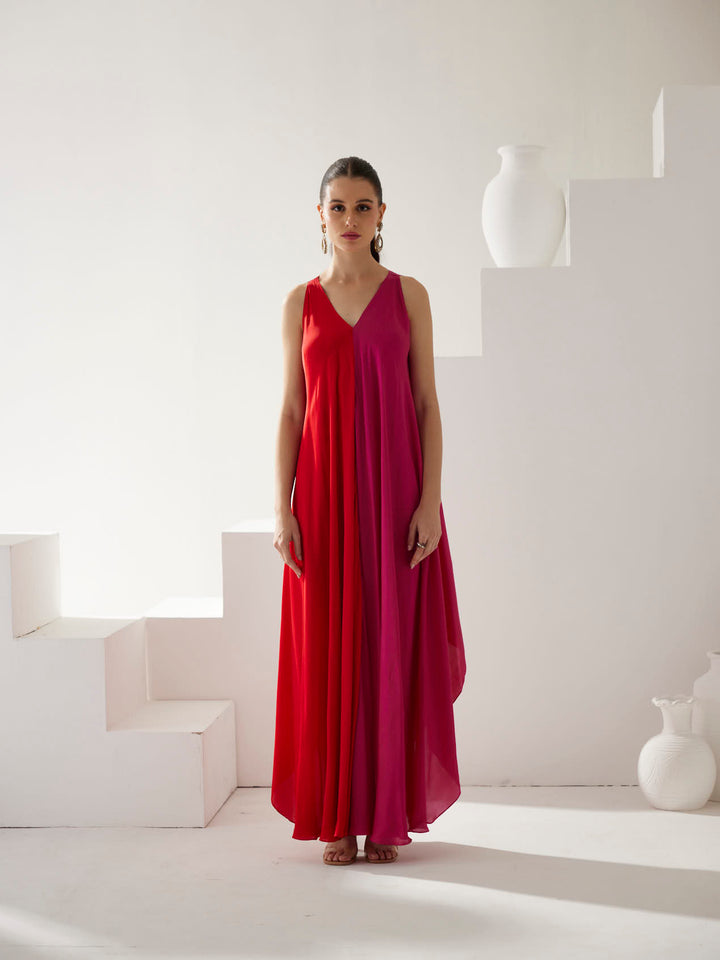 Red & Pink colorblock maxi dress