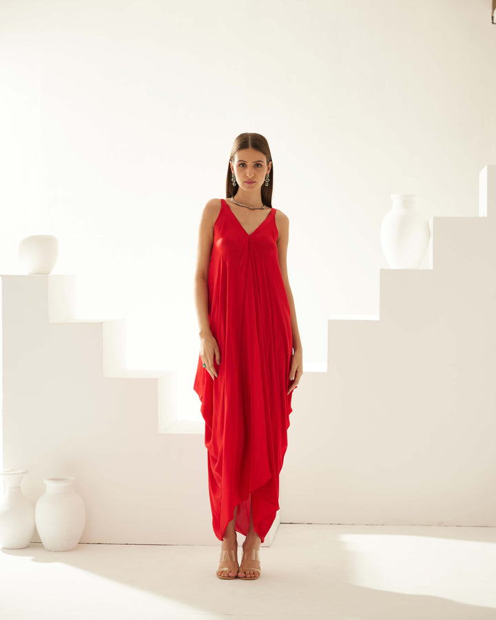 Red drape maxi dress