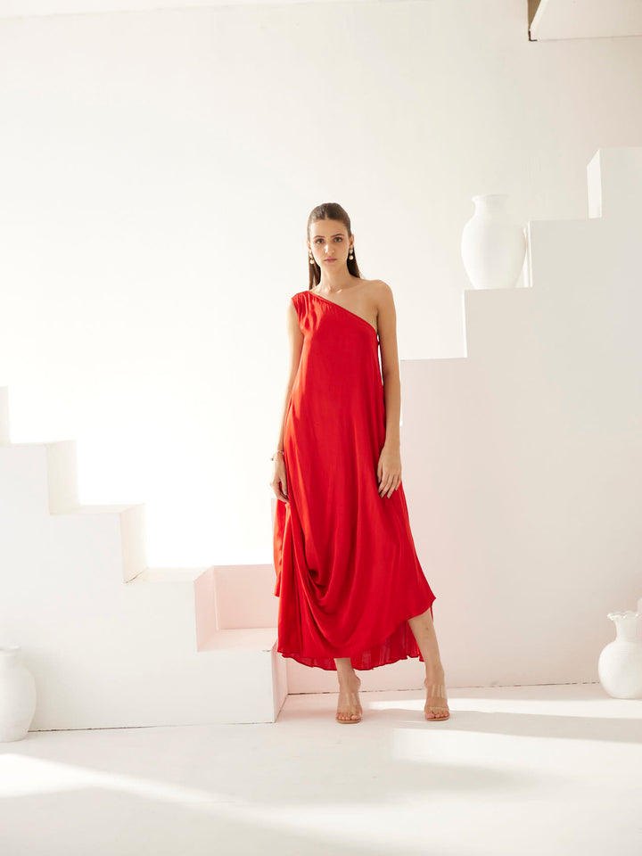 Red one shoulder maxi dress