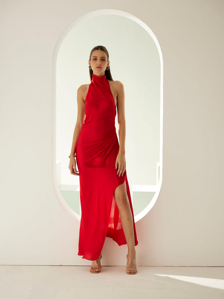 Red halter maxi dress