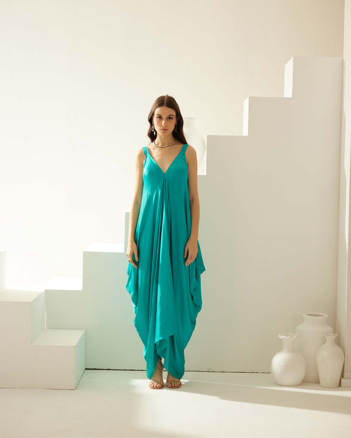 Turquoise satin maxi dress