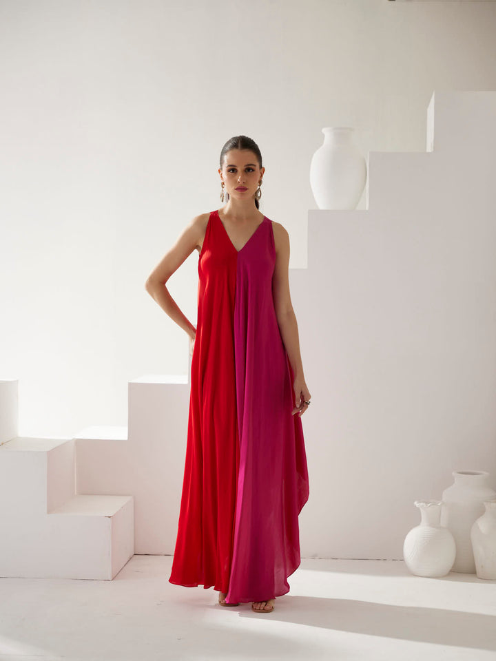 Red & Pink colorblock maxi dress