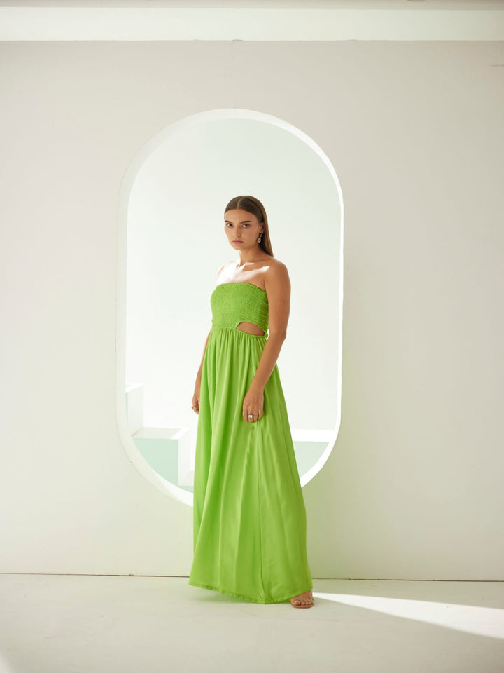 Lime green off-shoulder maxi dress