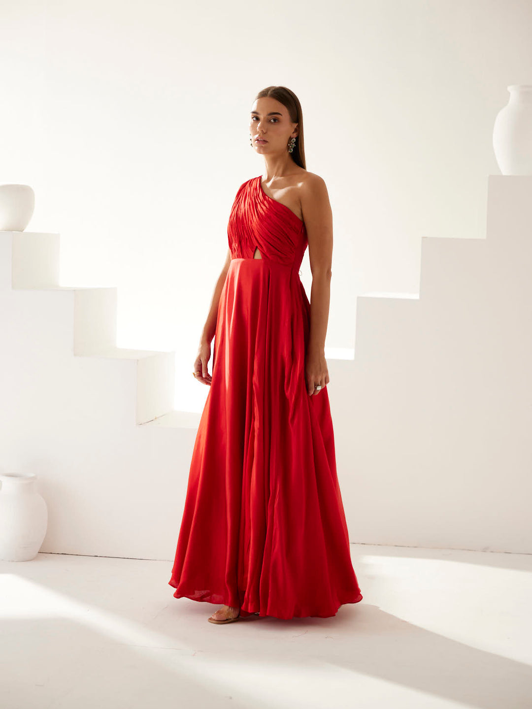 Red one shoulder maxi dress