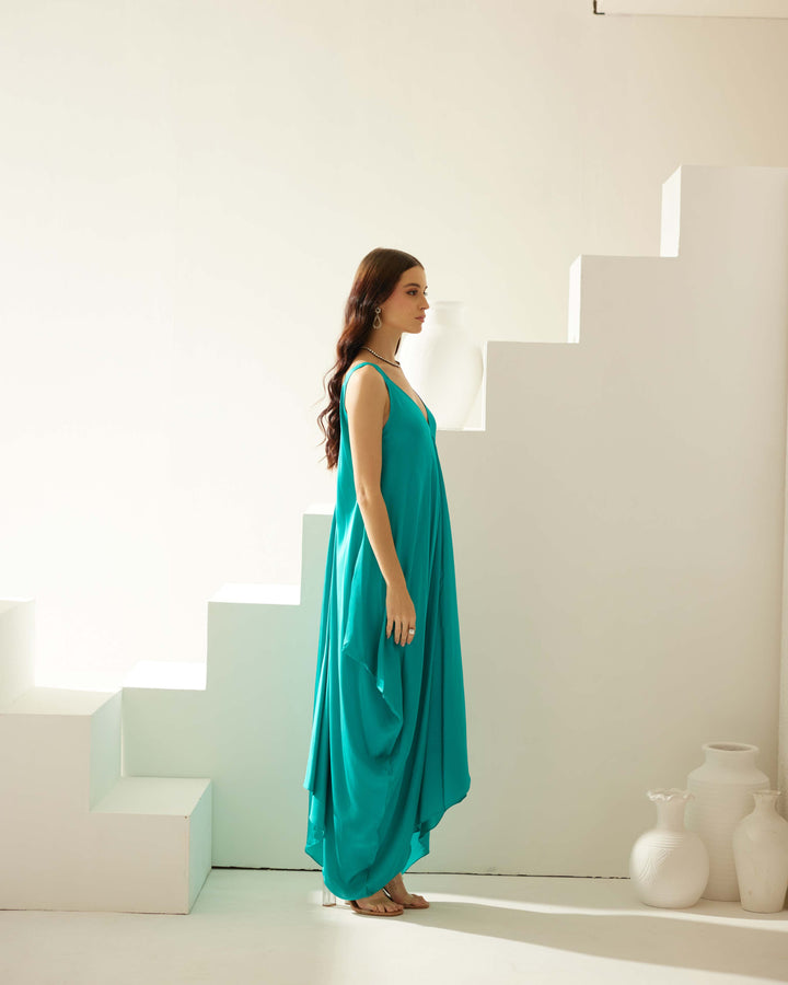 Turquoise satin maxi dress