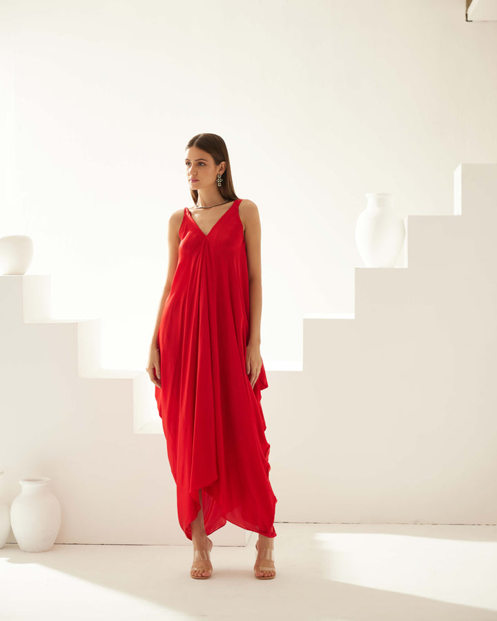 Red drape maxi dress