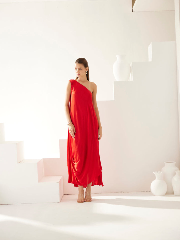 Red one shoulder maxi dress