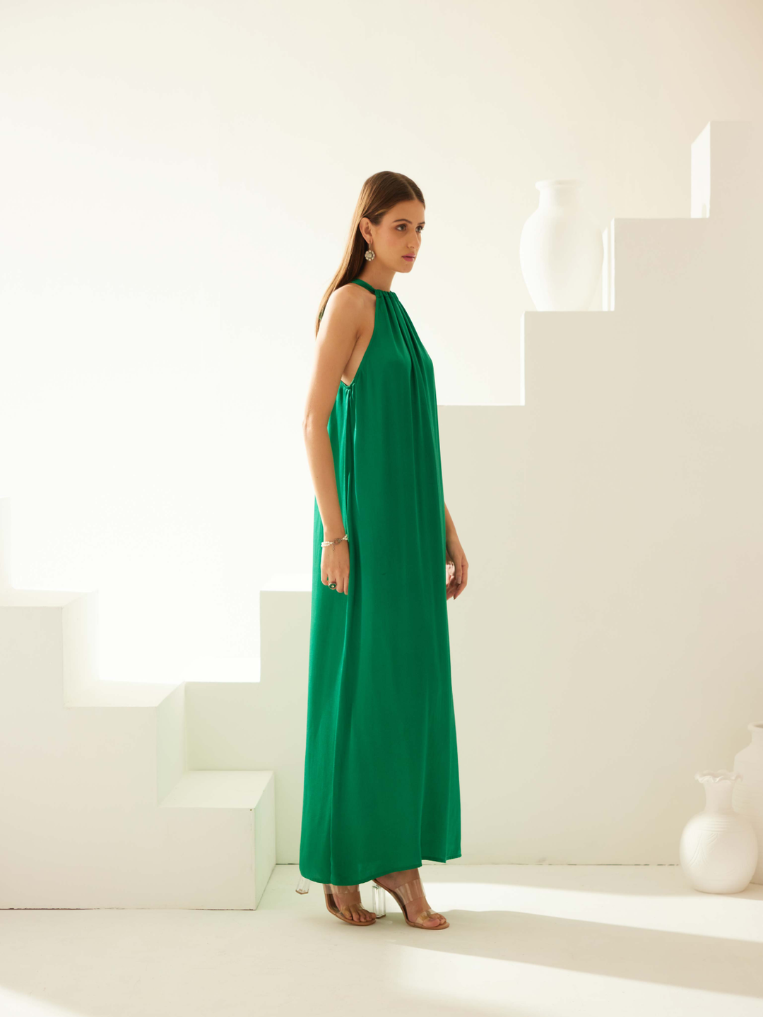 Green halter maxi dress