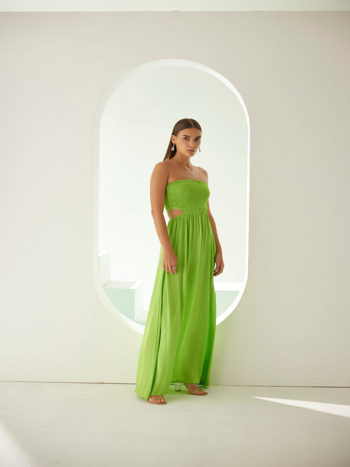 Lime green off-shoulder maxi dress