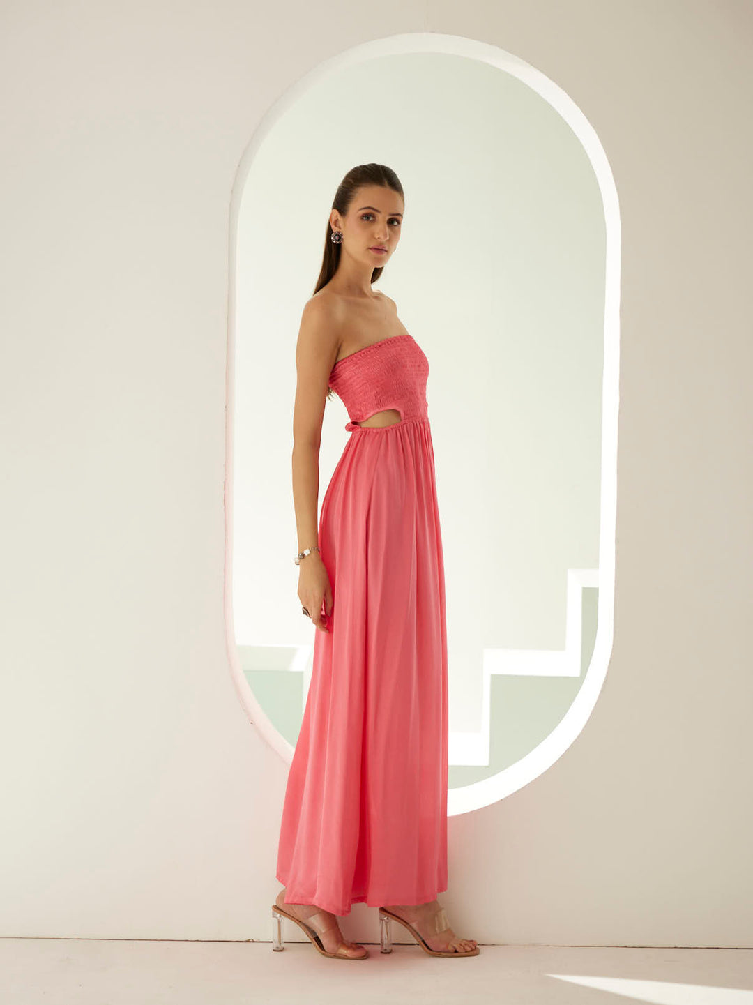 Peach off-shoulder maxi dress