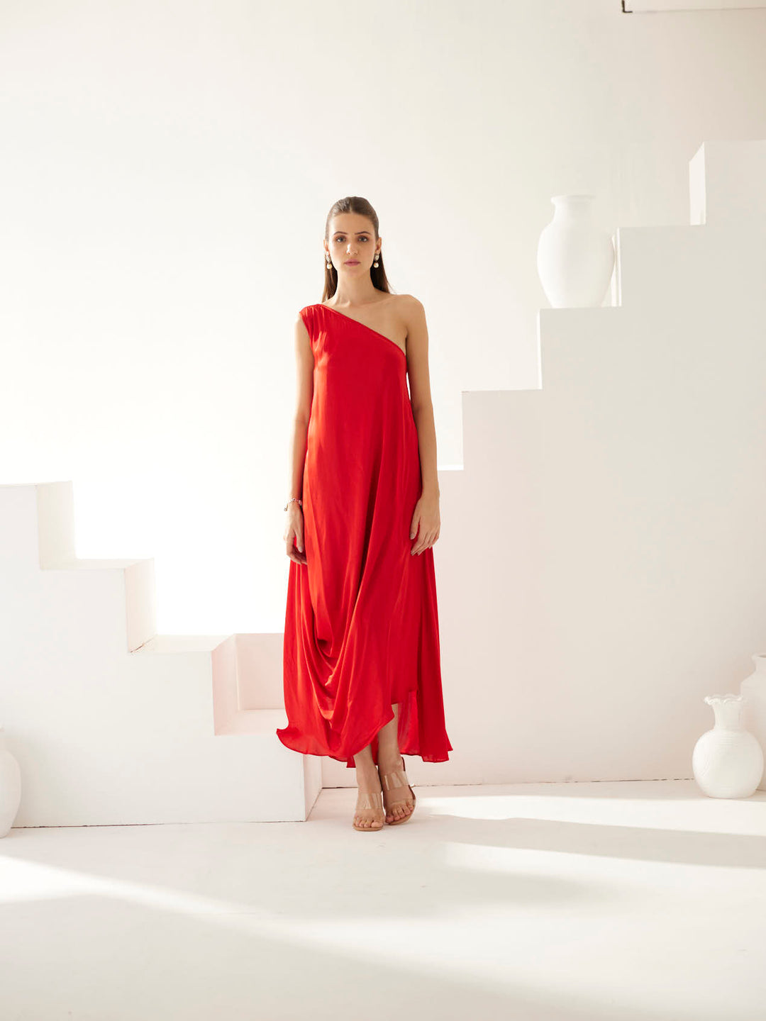 Red one shoulder maxi dress