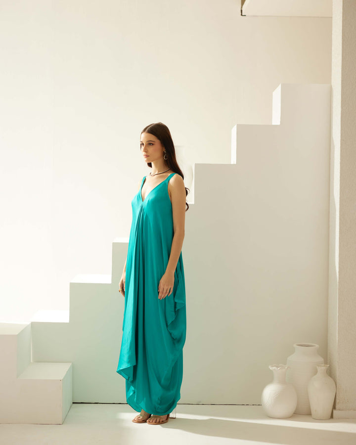 Turquoise satin maxi dress