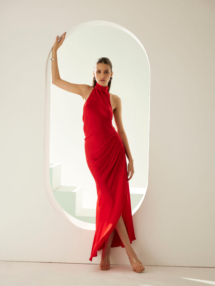 Red halter maxi dress