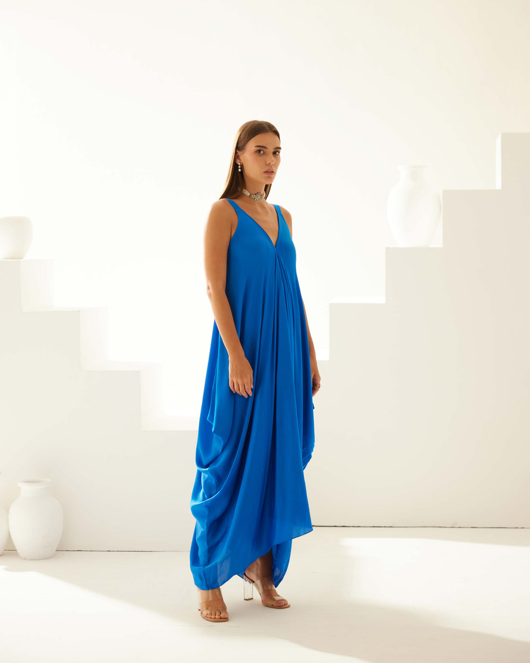 Cobalt blue satin maxi dress