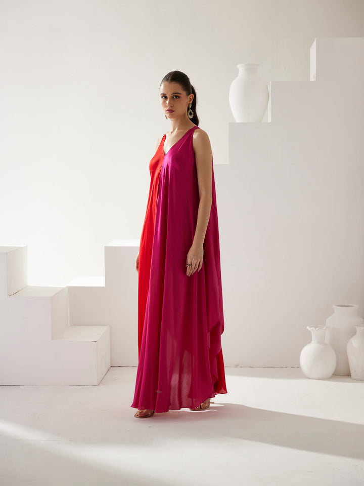 Red & Pink colorblock maxi dress