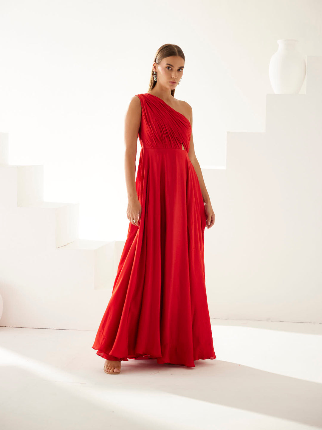 Red one shoulder maxi dress