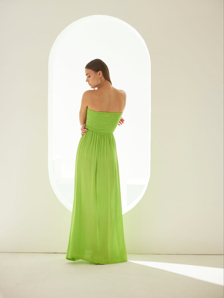 Lime green off-shoulder maxi dress