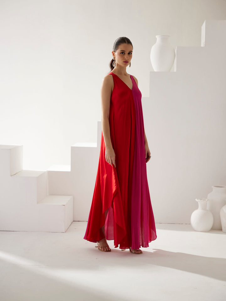 Red & Pink colorblock maxi dress