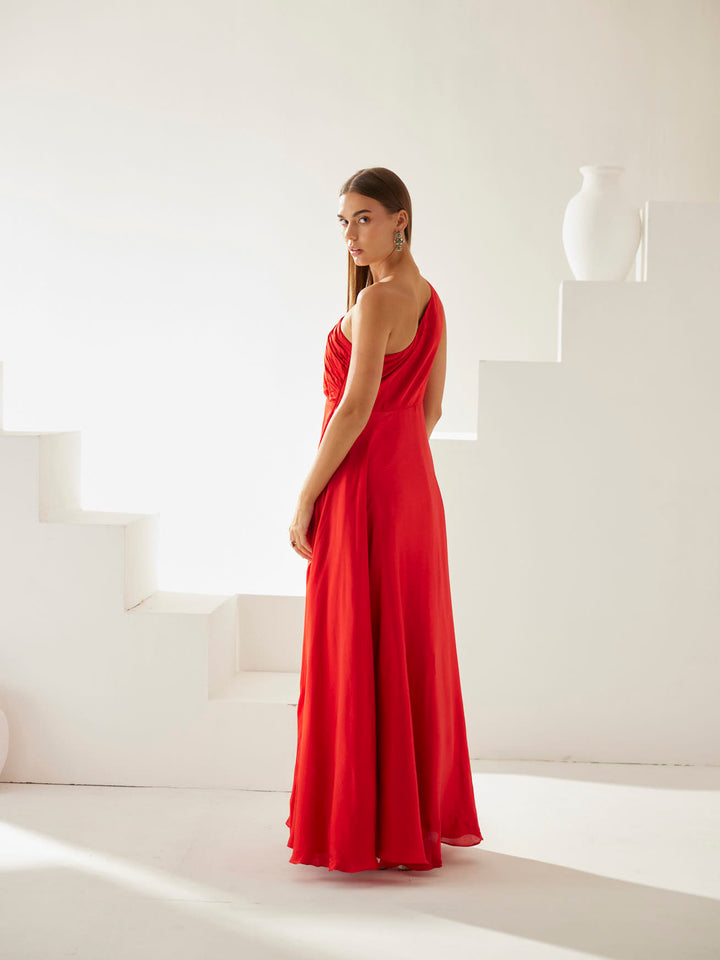 Red one shoulder maxi dress