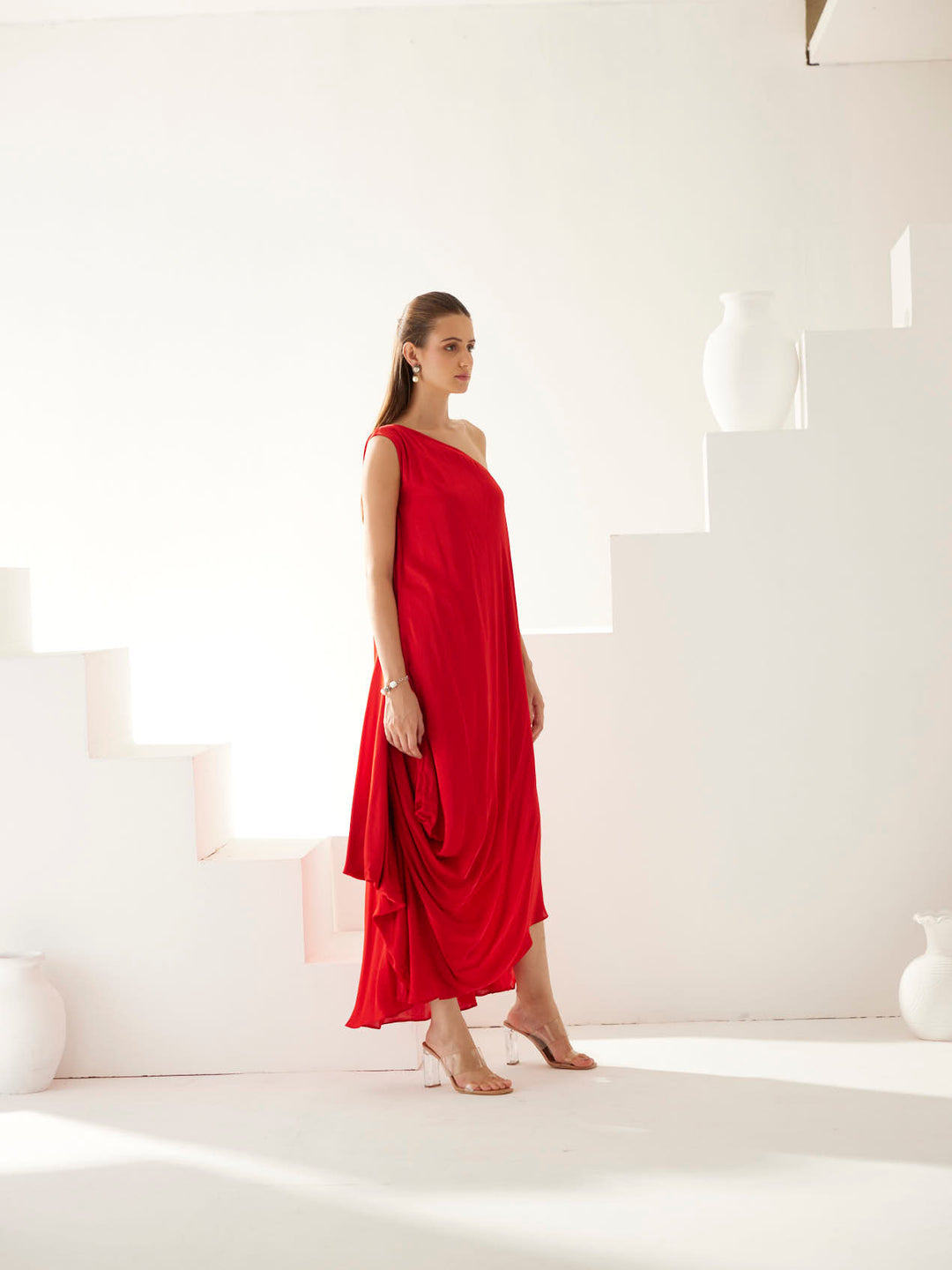 Red one shoulder maxi dress