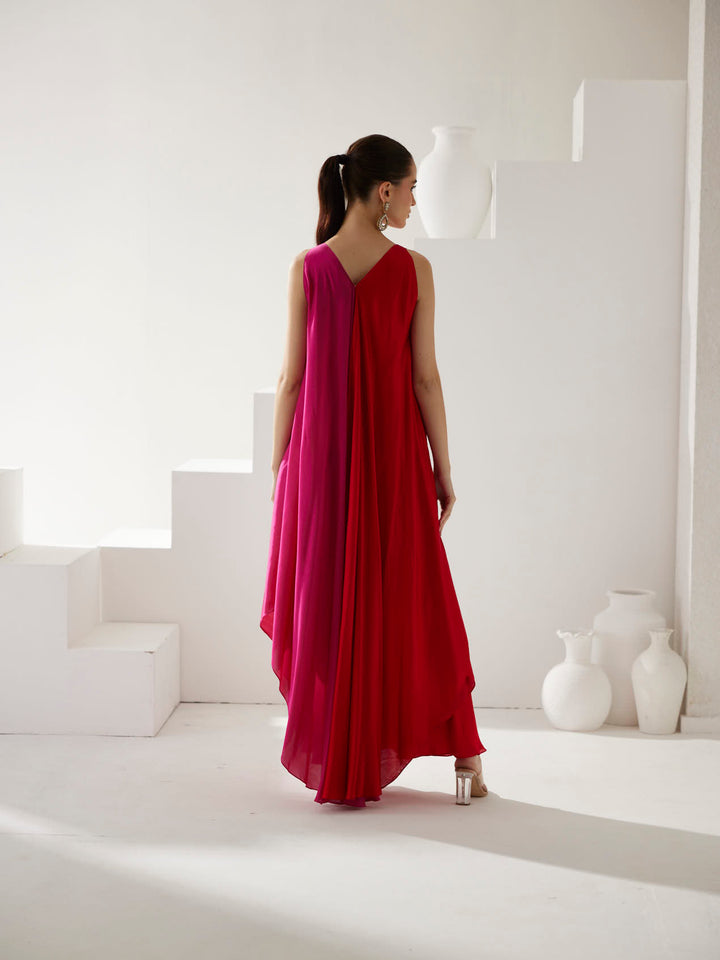 Red & Pink colorblock maxi dress