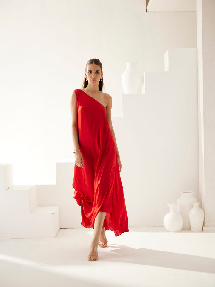 Red one shoulder maxi dress