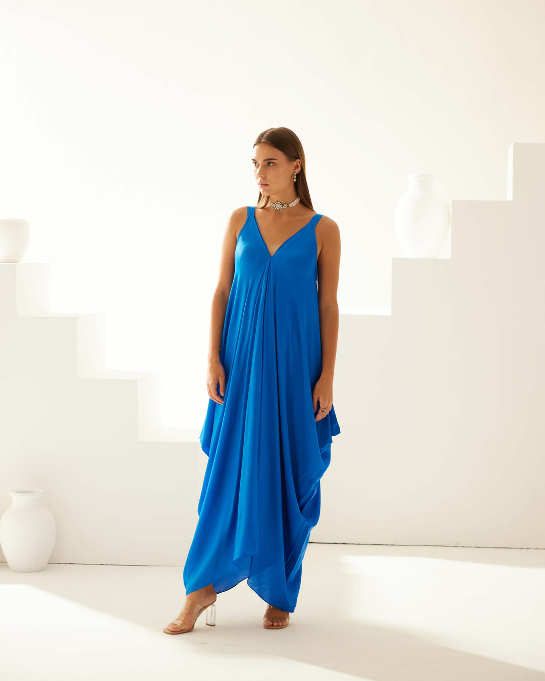 Cobalt blue satin maxi dress