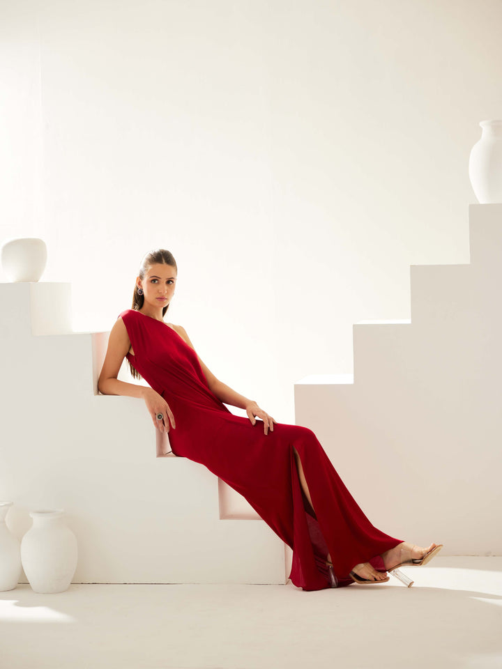 Maroon one shoulder maxi dress