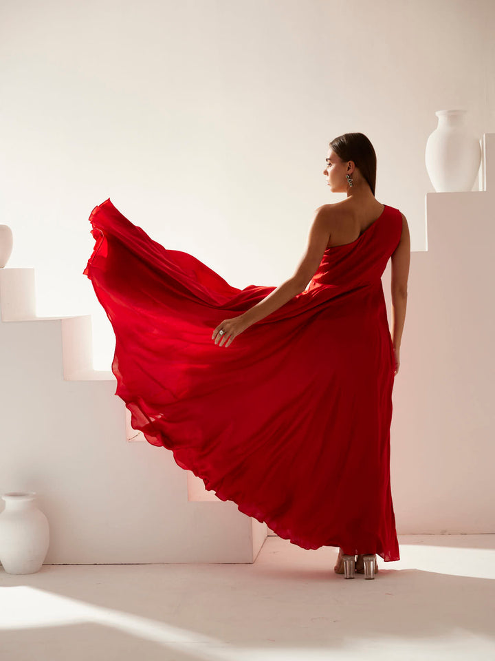 Red one shoulder maxi dress