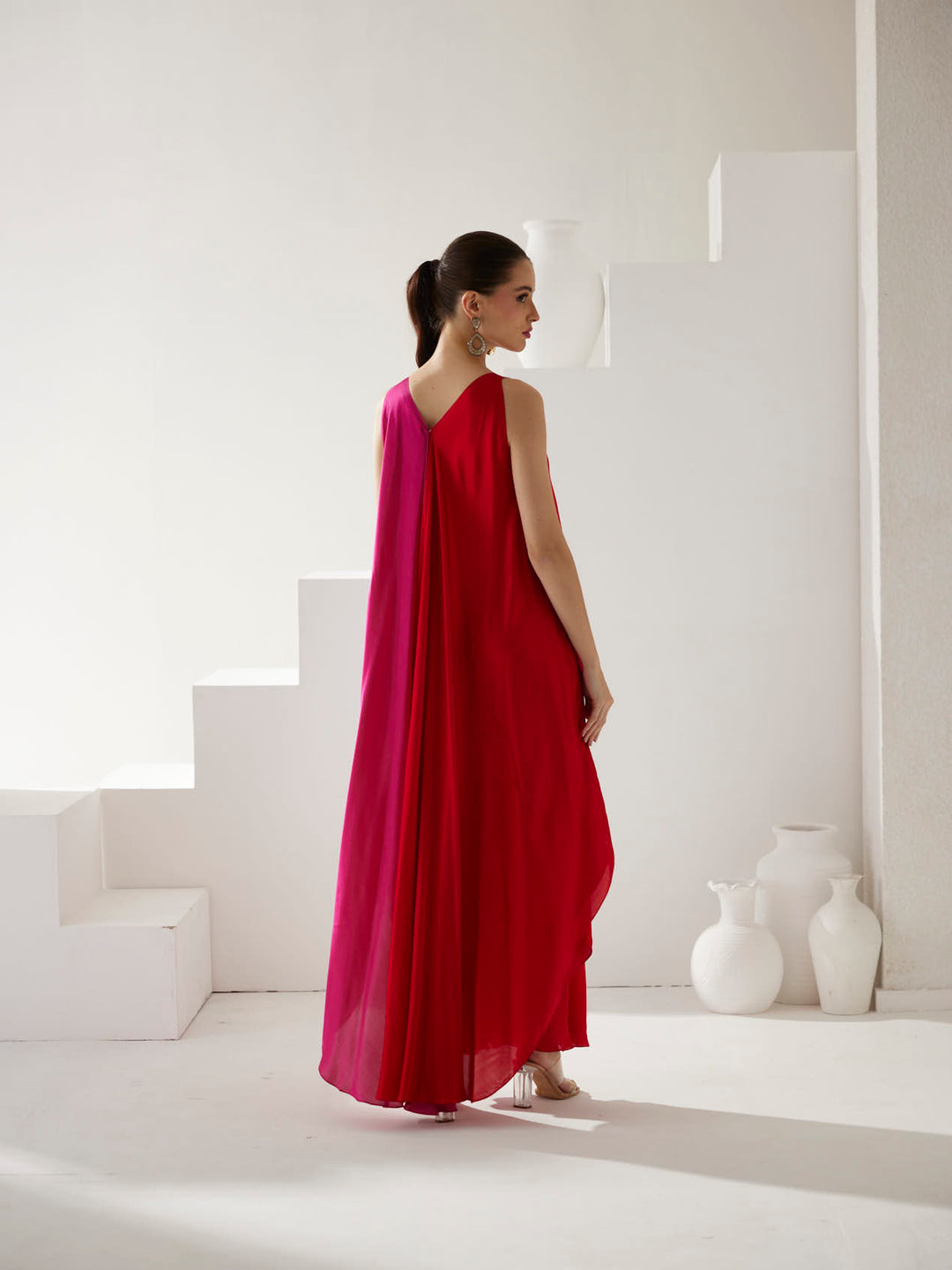 Red & Pink colorblock maxi dress