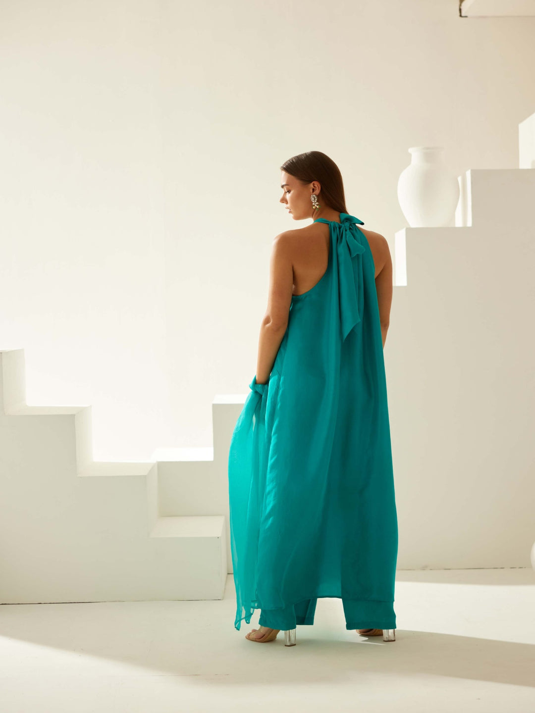 Turquoise halter neck tunic sets