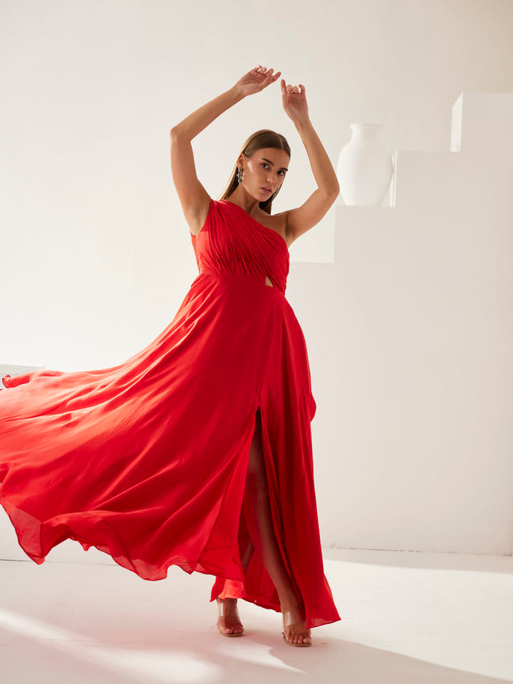 Red one shoulder maxi dress