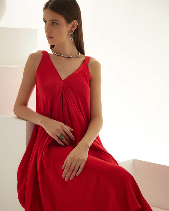 Red drape maxi dress